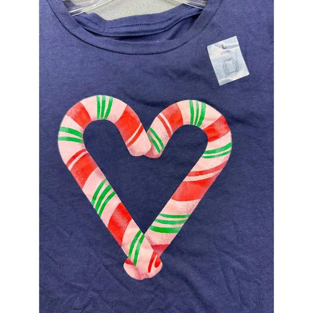 Old Navy Kids Navy Blue Candy Cane Heart Christmas‎ Long Sleeve Tee L 10-12